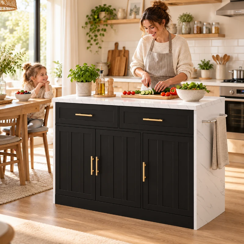 Keukeneiland met bartafel, 2 lades en 3 deuren met verstelbare planken voor opbergruimte, 2 USB-poorten, 2,4 cm wit marmerlook, 120×60×91 cm, zwart