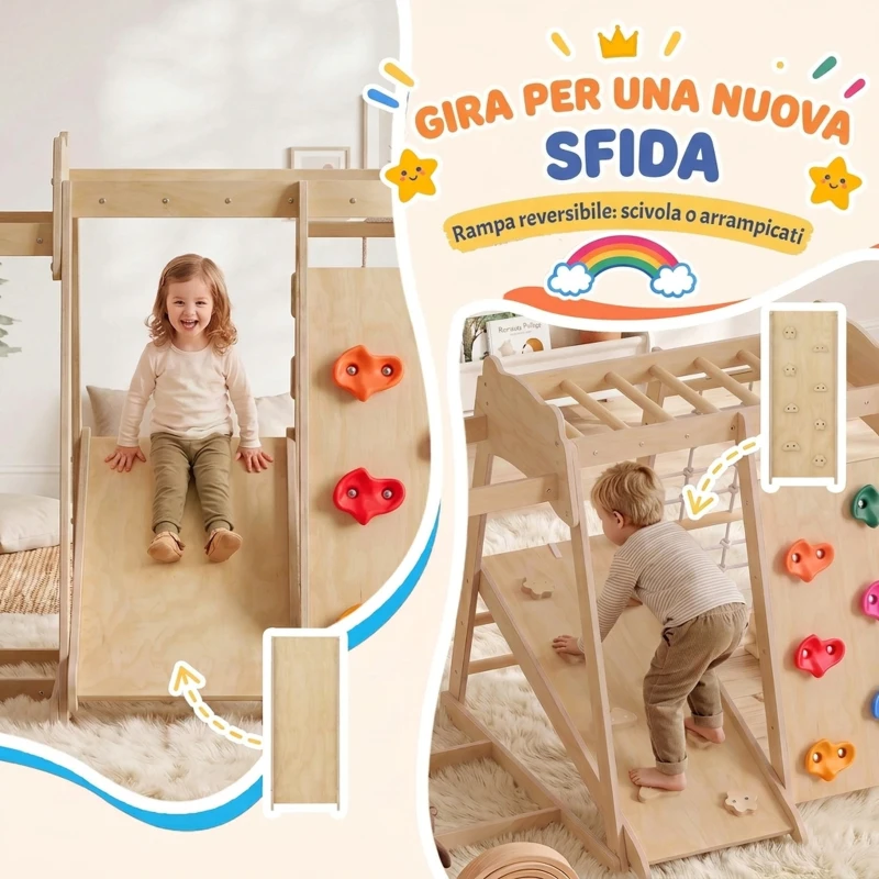 AIYAPLAY Struttura da Arrampicata per Bambini 7 in 1 in Legno, Scivolo Reversibile, Parco Giochi Montessori, 3-6 Anni
