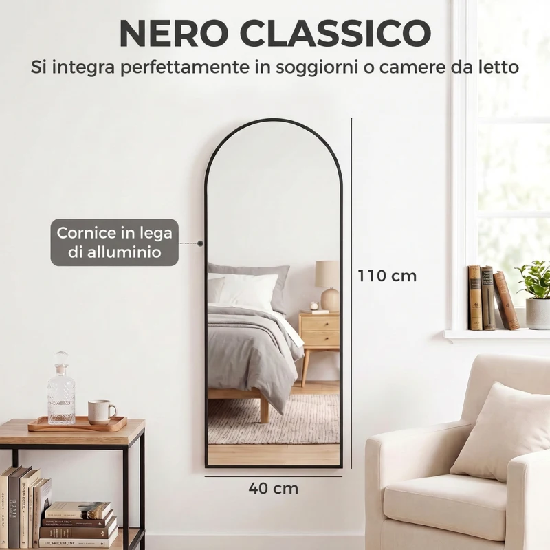 HOMCOM Specchio da Parete e Porta con Cornice in Alluminio ad Arco e Ganci, 110x40 cm, Nero