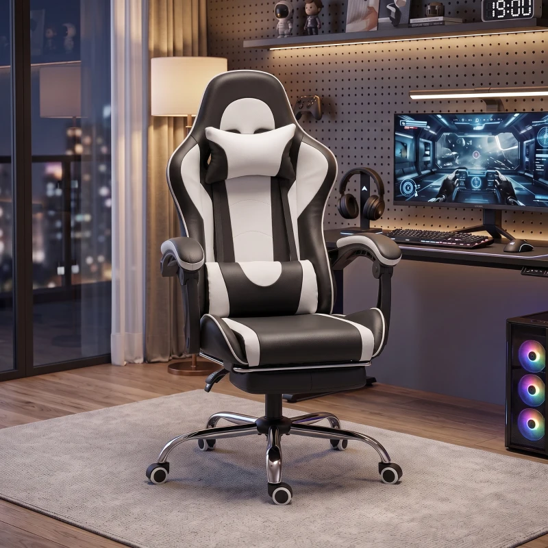 HOMCOM Sedia Gaming Ergonomica Massaggiante con Cuscino Lombare Regolabile, Finta Pelle, Poggiapiedi, Bianco