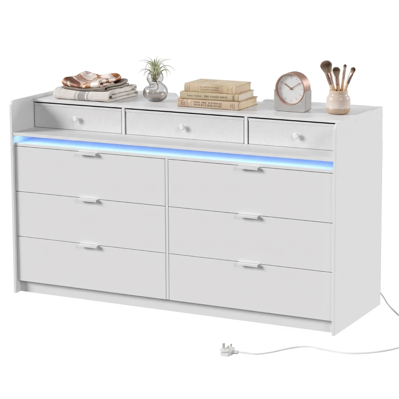 HOMCOM Chest of Drawers for Bedroom with LED Light & Charging Station, 9 Drawers Storage Unit/TV Stand, White