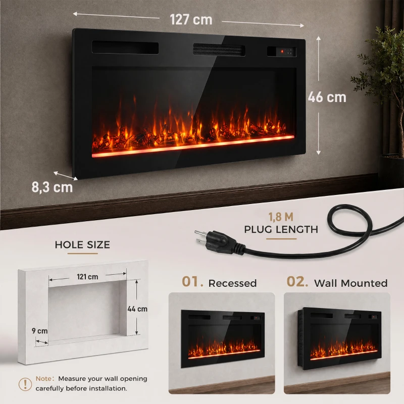 HOMCOM Camino Elettrico da Incasso, Parete e Terra Slim 127 cm con Telecomando, 900/1800W, Timer, 35㎡, Nero