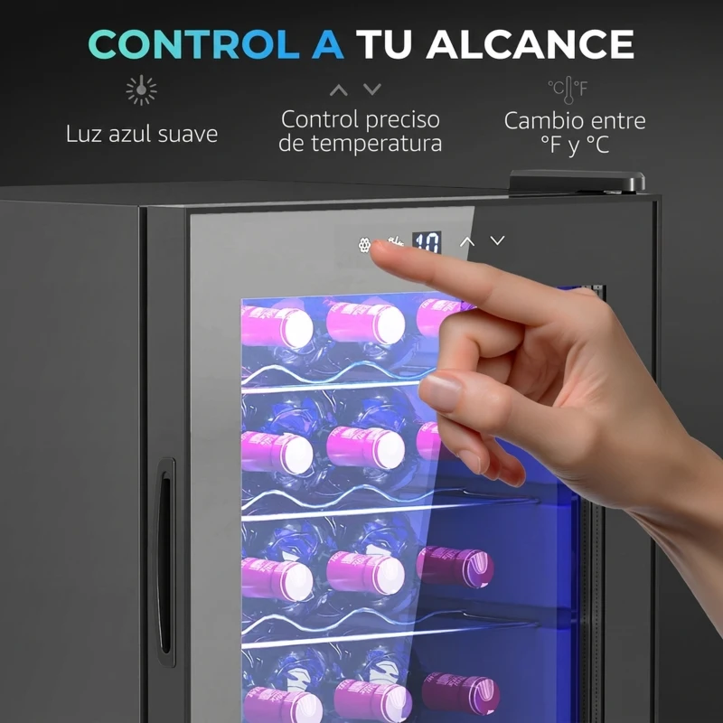 HOMCOM Nevera para Vinos 20 Botellas con Compresor Puerta Anti-UV Temperatura 5-18°C Pantalla Táctil Luz LED 39DB Negro