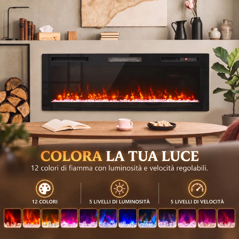 HOMCOM Camino Elettrico da Incasso, Parete e Terra Slim 153 cm con Telecomando, 900/1800W, Timer, 35㎡,Nero