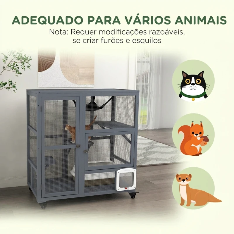 PawHut Gaiola Interior para Gatos em Madeira com Rodas, Portas, Plataformas de Salto, Rede e Topo Basculante, 110x100x60 cm, Cinzento