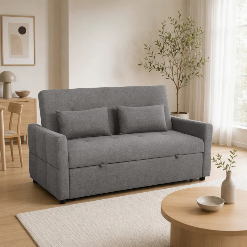 HOMCOM Divano Letto 2 Posti 3 in 1 Clic Clac in Tessuto con 2 Cuscini, Reclinabile e Imbottito, Grigio