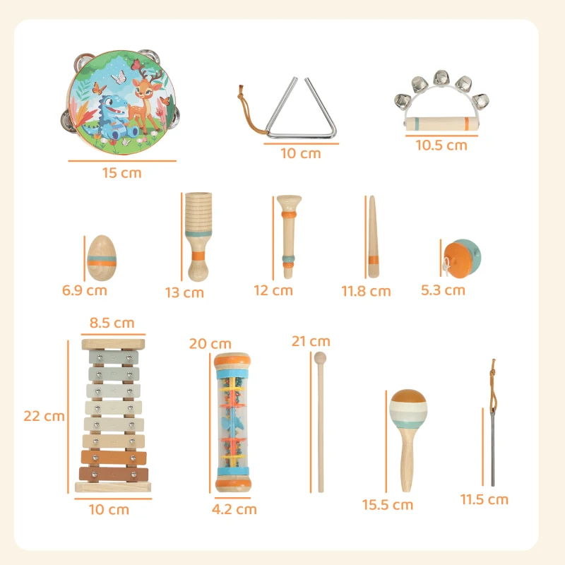 AIYAPLAY Kids Drum Kit, 14 Pieces Wooden Kids Musical Instruments Set with Tone Block, Maracas, Triangle, Xylophone for Toddlers