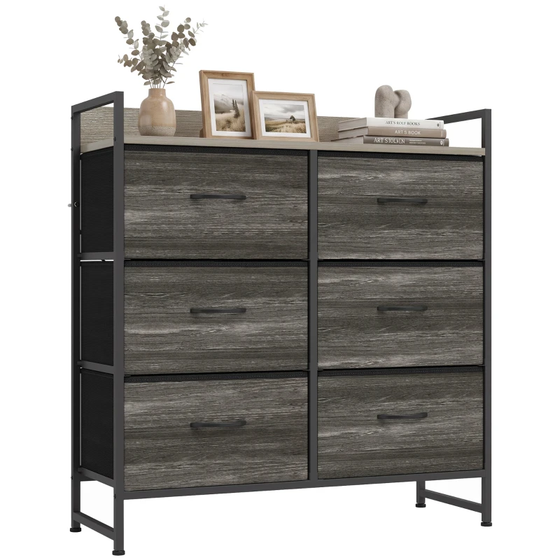 HOMCOM Commode, Meuble de Rangement pour Chambre, 6 Tiroirs en Tissu en Lin, Cadre en Acier, 80 x 29 x 85 cm, Gris