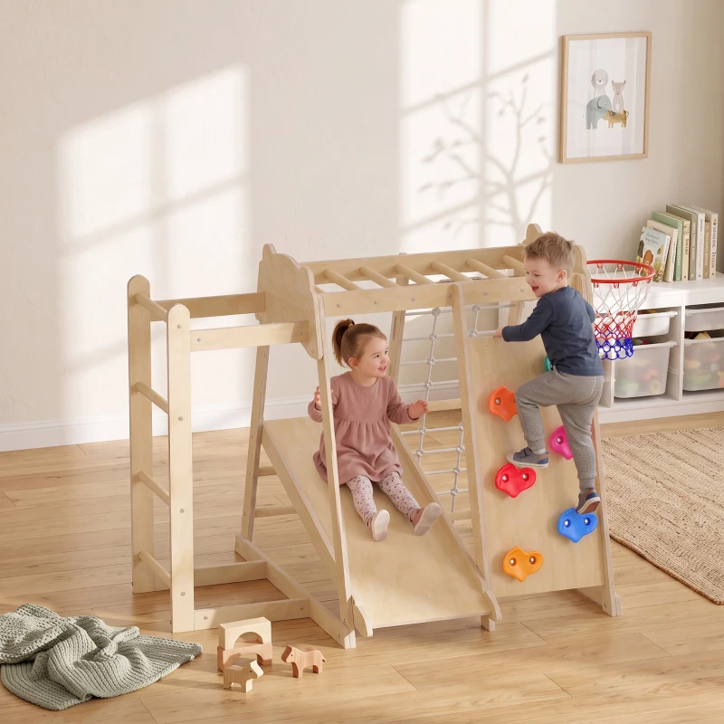 AIYAPLAY Struttura da Arrampicata per Bambini 7 in 1 in Legno, Scivolo Reversibile, Parco Giochi Montessori, 3-6 Anni