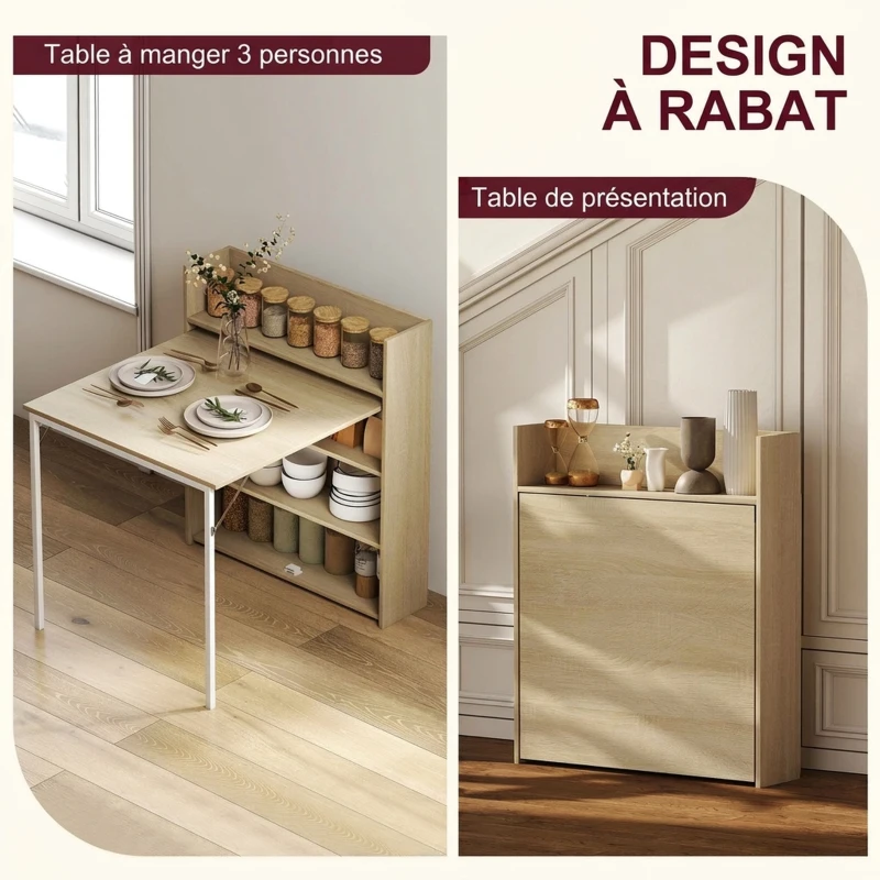 HOMCOM Table à manger pliante, table de cuisine pour 3 personnes, plateau à abattant et 4 étagères, 78,5x91x93cm, chêne(m-4)
