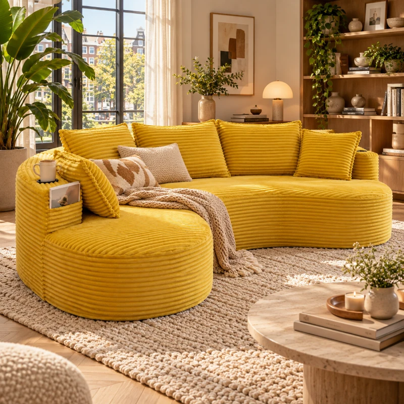 Gebogen ribfluwelen bank met bekerhouders aan beide zijden, geïntegreerde zijzakken en inclusief kussen, vacuümverpakt, 250×152×82 cm, mosterdgeel