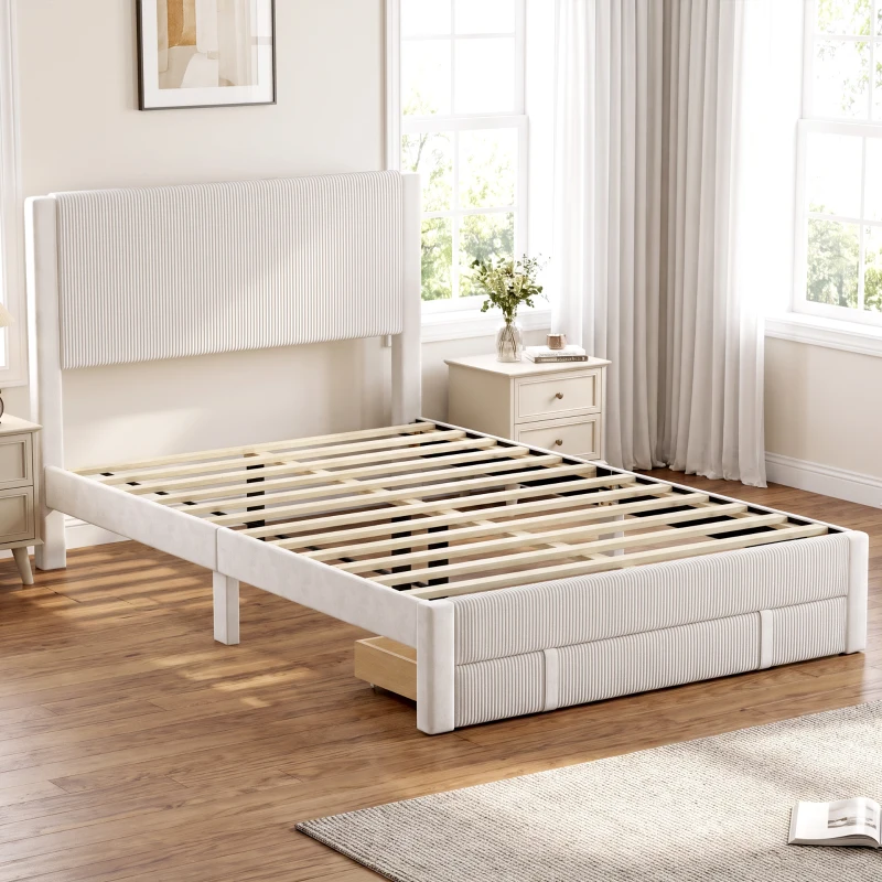 HOMCOM Cama Estofada 140x200 cm com Cabeceira Acolchoada, Gaveta de Arrumação e Ripas de Madeira, Bege