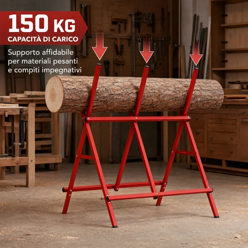 HOMCOM Cavalletto Taglialegna Pieghevole con Altezza e Larghezza Regolabili, per Lavori di Segatura, Carico 150kg, Rosso