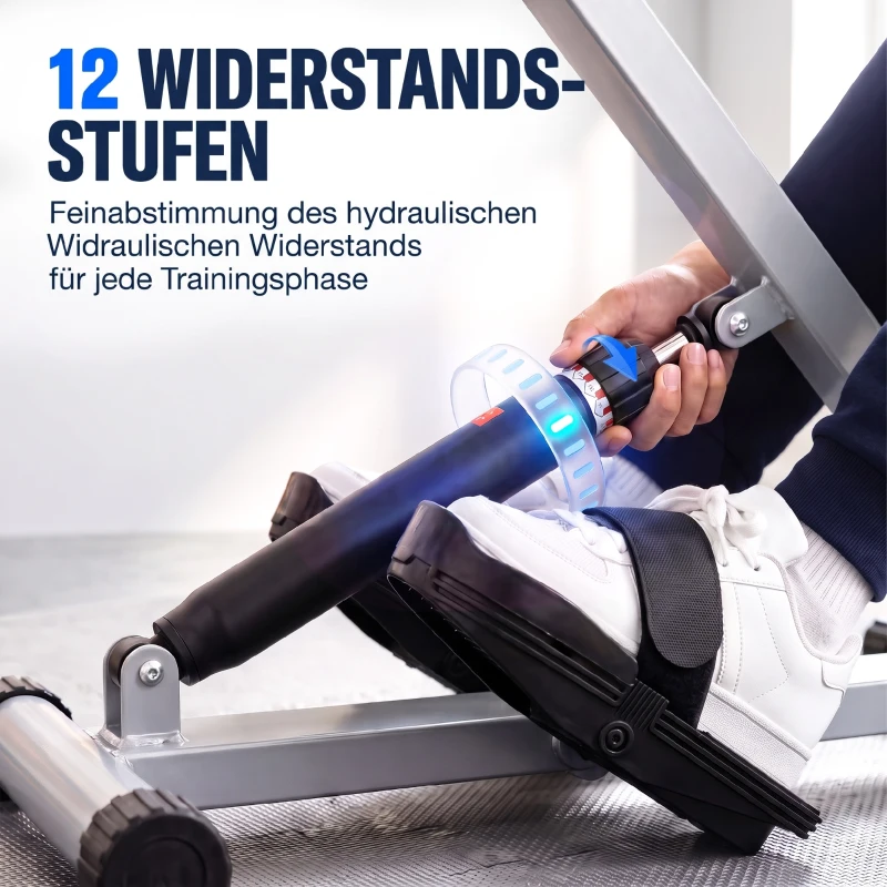 HOMCOM Rudergerät für Zuhause, Hydraulisches Fitness-Rudergerät mit LCD-Display, 12 Widerstandsstufen, Rudermaschine belastbar bis 100kg Fitnessgerät Trainingsgerät für das Ganzkörpertraining