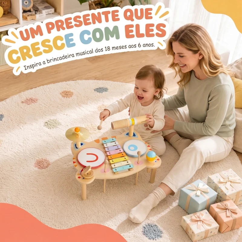 AIYAPLAY Bateria Infantil de Madeira Montessori com Xilofone, Prato, Maraca e Bloco Sonoro, Presente para Criança, 18 Meses-6 Anos