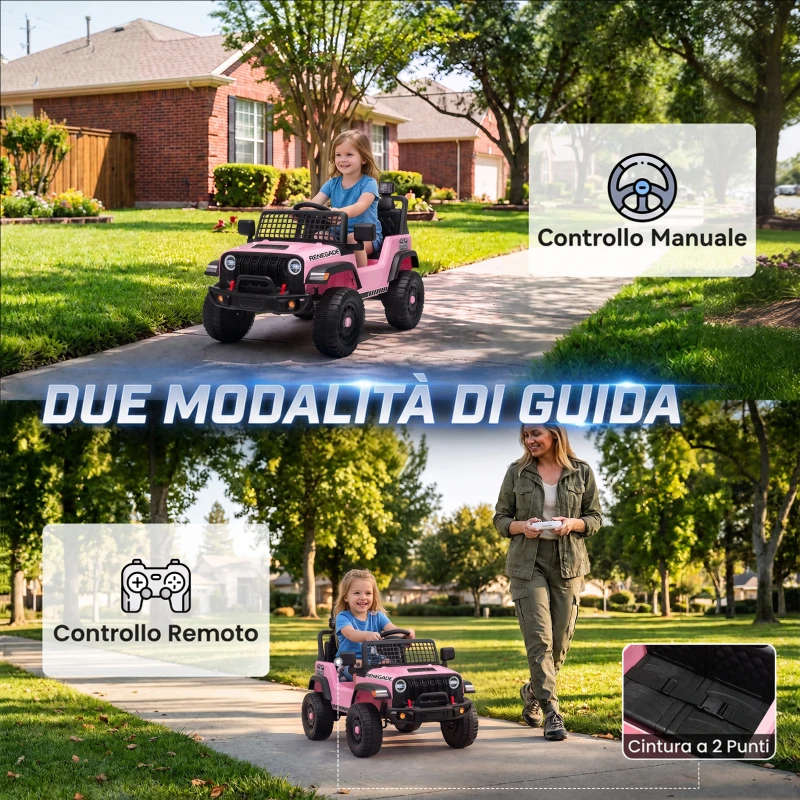 AIYAPLAY Fuoristrada Elettrica per Bambini 12V, Batteria al Litio, 2 Motori, Sospensioni, Telecomando, 2-4 Anni, Rosa