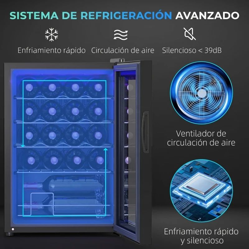 HOMCOM Nevera para Vinos 20 Botellas con Compresor Puerta Anti-UV Temperatura 5-18°C Pantalla Táctil Luz LED 39DB Negro