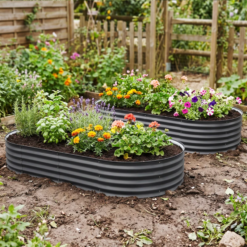 Outsunny Set of Two 181 x 93cm Steel Planters - Dark Grey