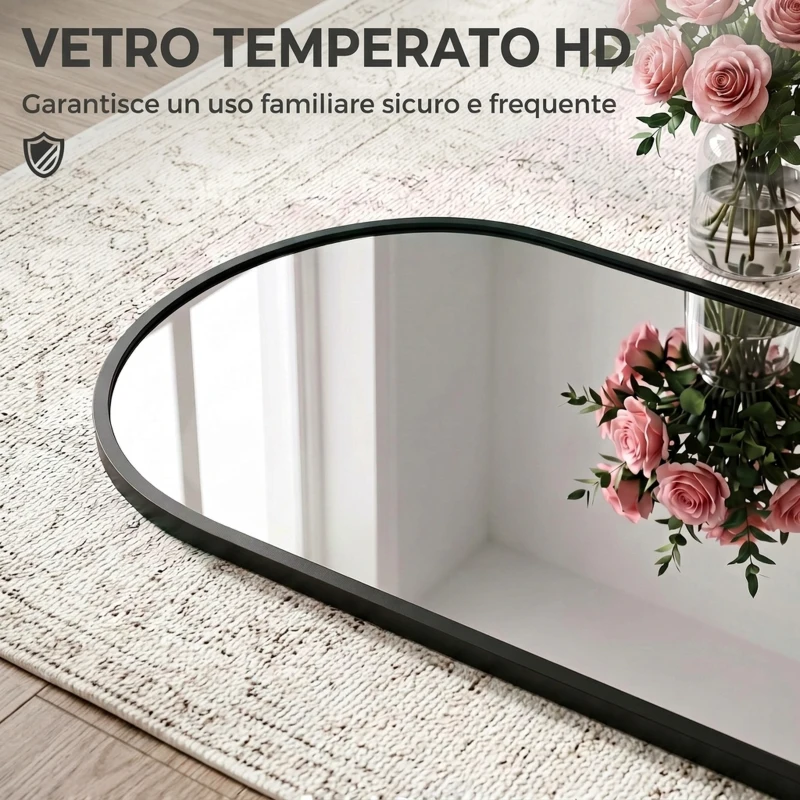 HOMCOM Specchio da Parete e Porta con Cornice in Alluminio ad Arco e Ganci, 110x40 cm, Nero