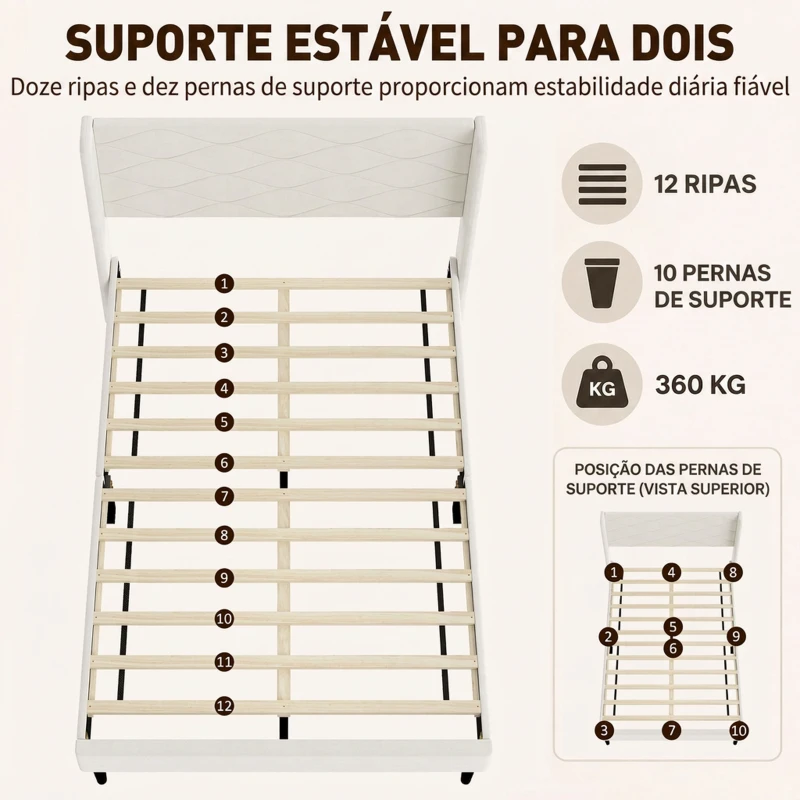 HOMCOM Cama Estofada 140x200 cm com Cabeceira Acolchoada com Abas em Veludo, Ripas de Madeira, Montagem Fácil, Bege