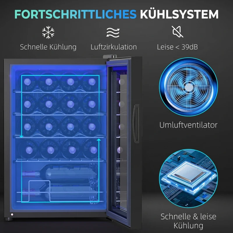 HOMCOM Kleiner Weinkühlschrank, Mini-Kühlschrank für 20 Flaschen, 53 Liter Kapazität, mit Glastür, LED-Beleuchtung, Schwarz(m-4)