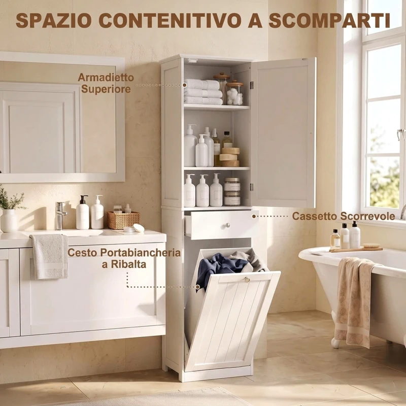 HOMCOM Mobile Bagno a Colonna 180 cm con Cesto Portabiancheria Ribaltabile, Bianco