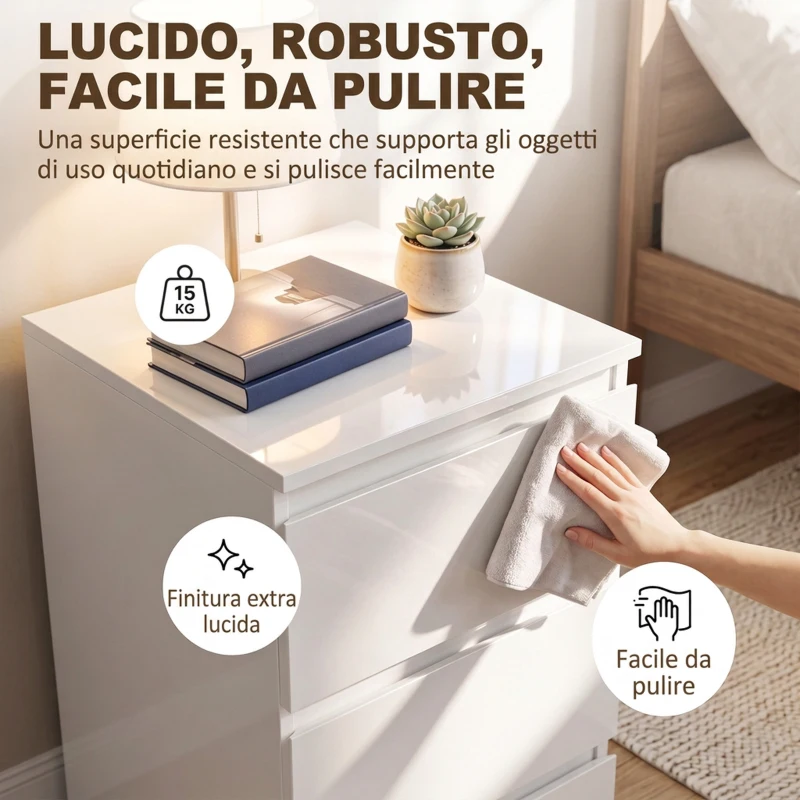 HOMCOM Set di 2 Comodini Stretti con Stazione di Ricarica e 3 Cassetti, Bianco Lucido