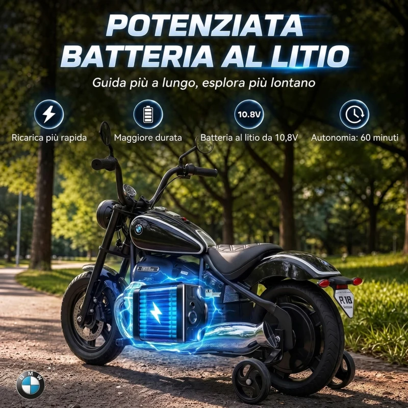 AIYAPLAY Moto Elettrica per Bambini 12V BMW R18, Batteria al Litio, 3-8 Anni, Rotelle Rimovibili, Faro, Musica, Nera