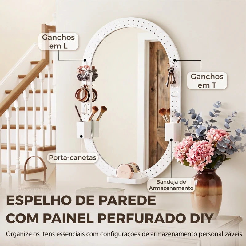 HOMCOM Espelho de Parede Decorativo com Painel Perfurado 90 x 60 cm para Sala e Quarto, Branco