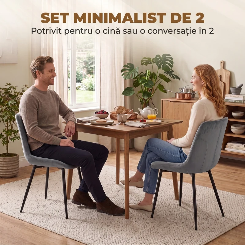HOMCOM Set 2 Scaune de Dining din Catifea pentru Bucătărie, Gri Închis