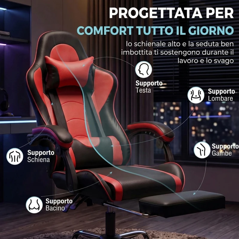 HOMCOM Sedia Gaming Ergonomica Massaggiante con Cuscino Lombare Regolabile, Finta Pelle, Poggiapiedi, Rosso