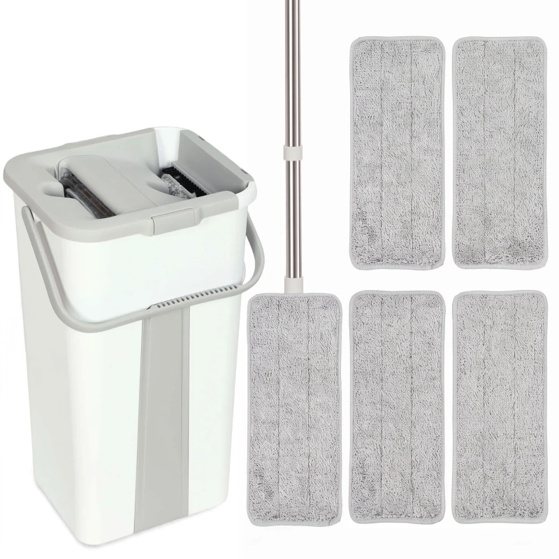 HOMCOM Mop and Bucket Set, Compact Flat Mop System with Wringer, 2-Chamber Design, 5 Reusable Pads, 127cm Handle, White