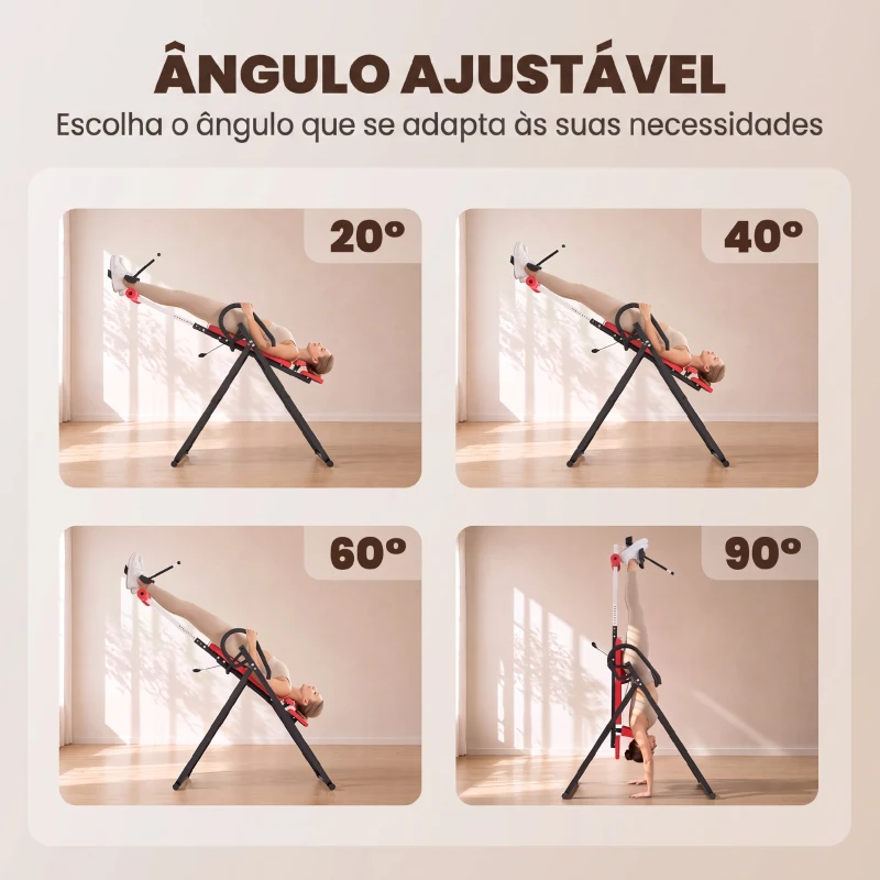 SPORTNOW Mesa de Inversão Dobrável 20°/40°/60° e 0-90°, 13 Ajustes para 130-190 cm, Apoio Lombar e Cinto de Segurança