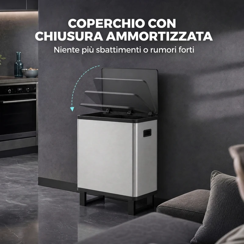 HOMCOM Pattumiera Automatica con Sensore 54L, 3 Scomparti, Secchi Interni Rimovibili, Acciaio Inox, Argento