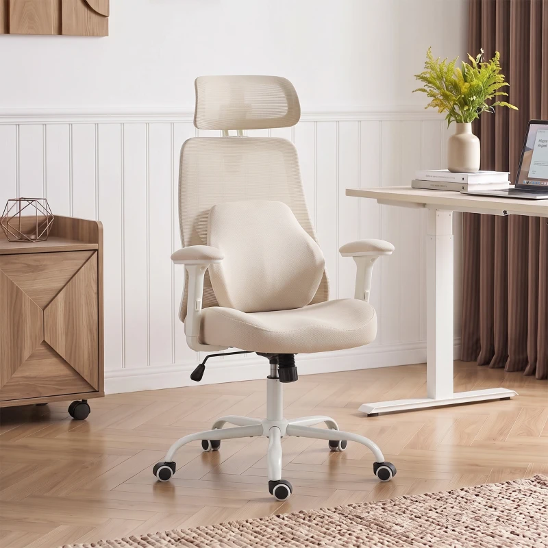 HOMCOM Silla de Escritorio Ergonómica Cojín Lumbar de Espuma Viscoelástica Reposacabezas 3D Reposabrazos Ajustables Beige