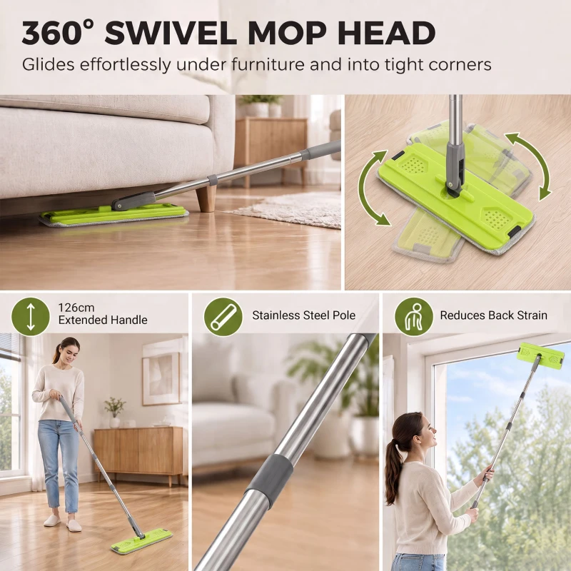 HOMCOM Mop and Bucket Set, Compact Flat Mop System with Wringer, 2 Chambers, 5 Reusable Pads, Dark Grey and Green