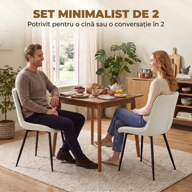 HOMCOM Set 2 Scaune de Dining din Catifea pentru Bucătărie, Alb Crem