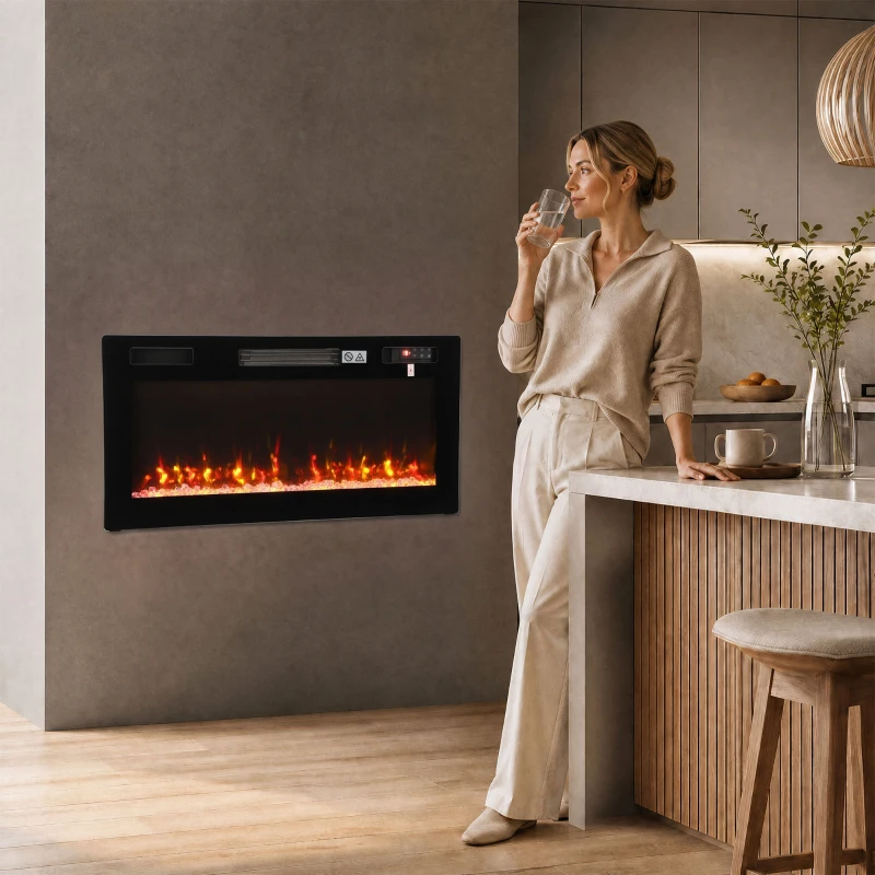 HOMCOM Ultra-Thin Electric Fire Wall Mounted/Recessed/Freestanding 92cm/36" Electric Fireplace with 12 Colours, 5 Brightness