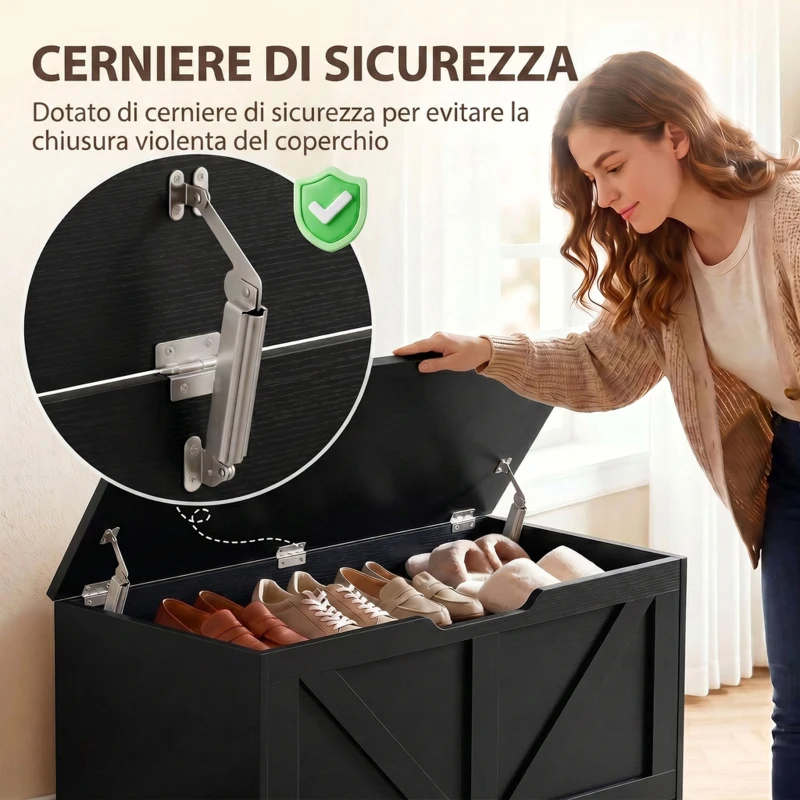HOMCOM Cassapanca Contenitore 100 cm con 2 Cerniere di Sicurezza, Nero Effetto Legno