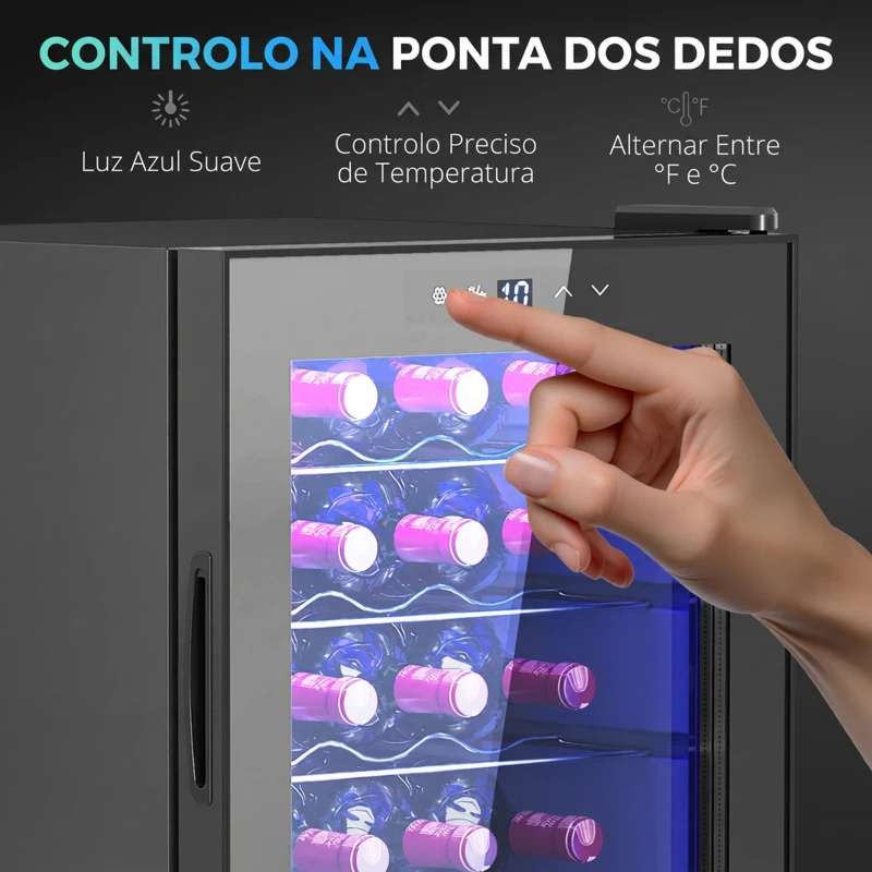 HOMCOM Frigorífico para Vinhos 20 Garrafas com Compressor, Porta Anti-UV, 5-18 °C, Painel Tátil, Luz LED, 39 dB, Preto