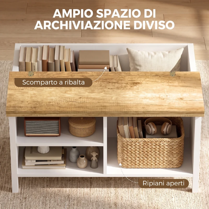 HOMCOM Cassapanca Contenitore con Coperchio Sollevabile, 80x60x40 cm, Effetto Legno Naturale