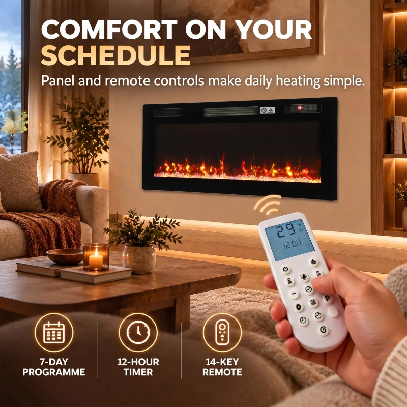 HOMCOM Ultra-Thin Electric Fire Wall Mounted/Recessed/Freestanding 92cm/36" Electric Fireplace with 12 Colours, 5 Brightness