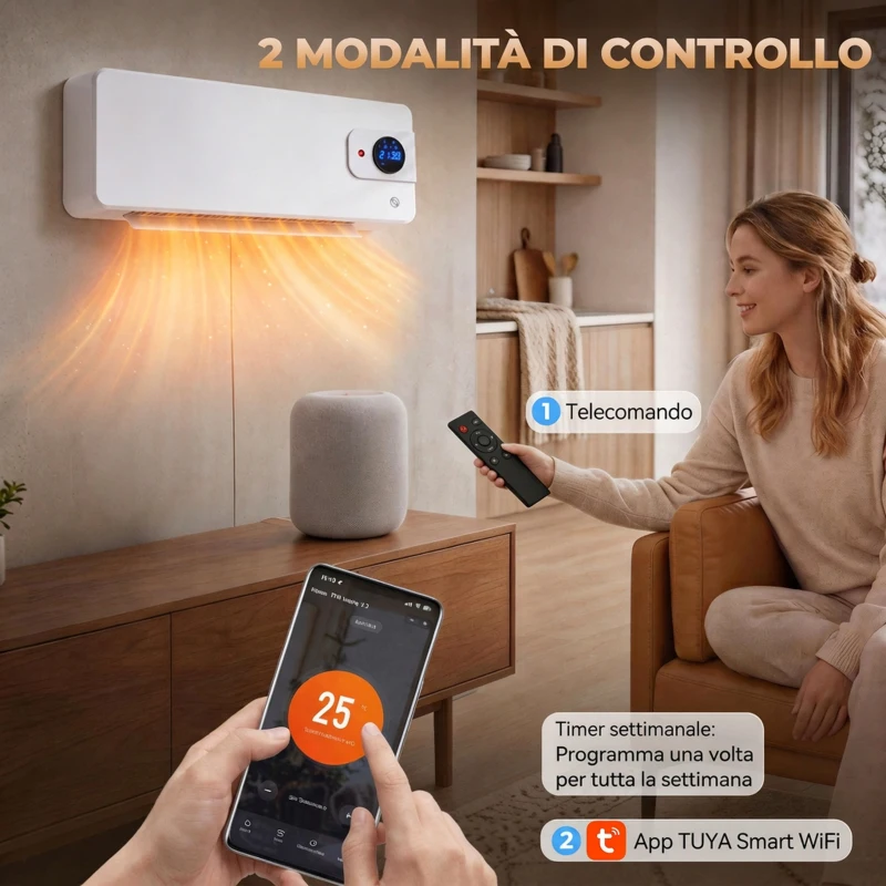 HOMCOM Termoventilatore Ceramico da Parete 2000W Controllo App 3 Modalità, Timer e Telecomando, Bianco