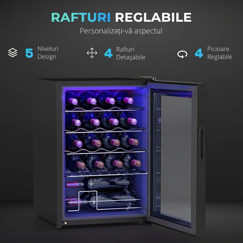 HOMCOM Cantină Frigorifică pentru 20 de Sticle, Capacitate 53L, Ușă Anti-UV și Rafturi Reglabile, Negru