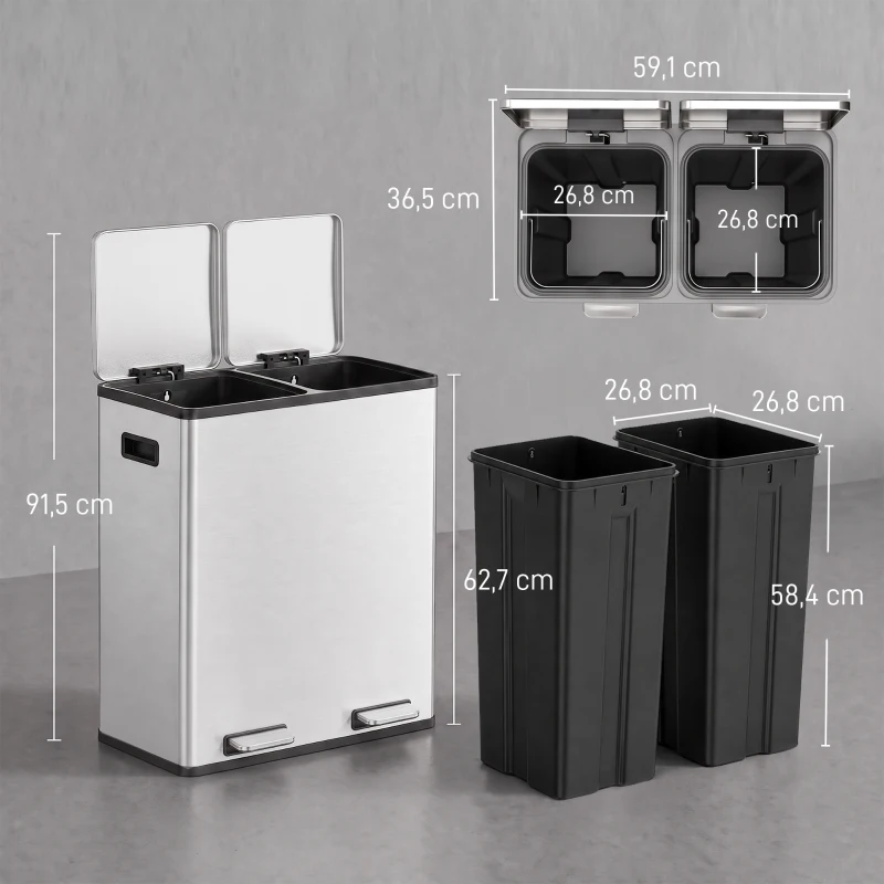HOMCOM Pattumiera a Pedale 2 x 30L in Acciaio Inox con Secchi Estraibili e Chiusura Ammortizzata, Argento