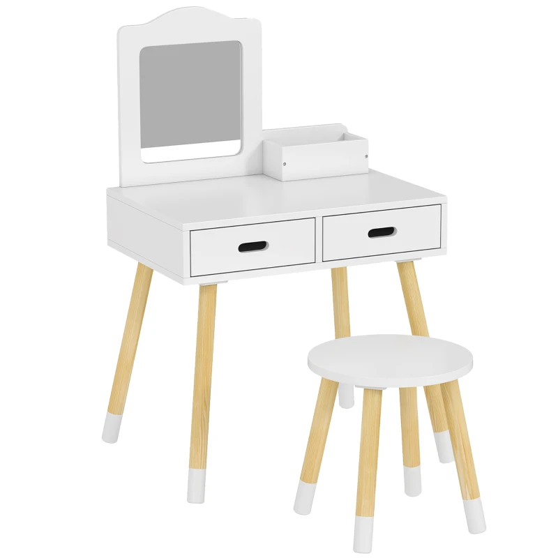 ZONEKIZ Tocador de Madera Infantil con Taburete y Espejo Centro de Belleza con 2 Cajones para 3-6 Años 60x40x95cm Blanco