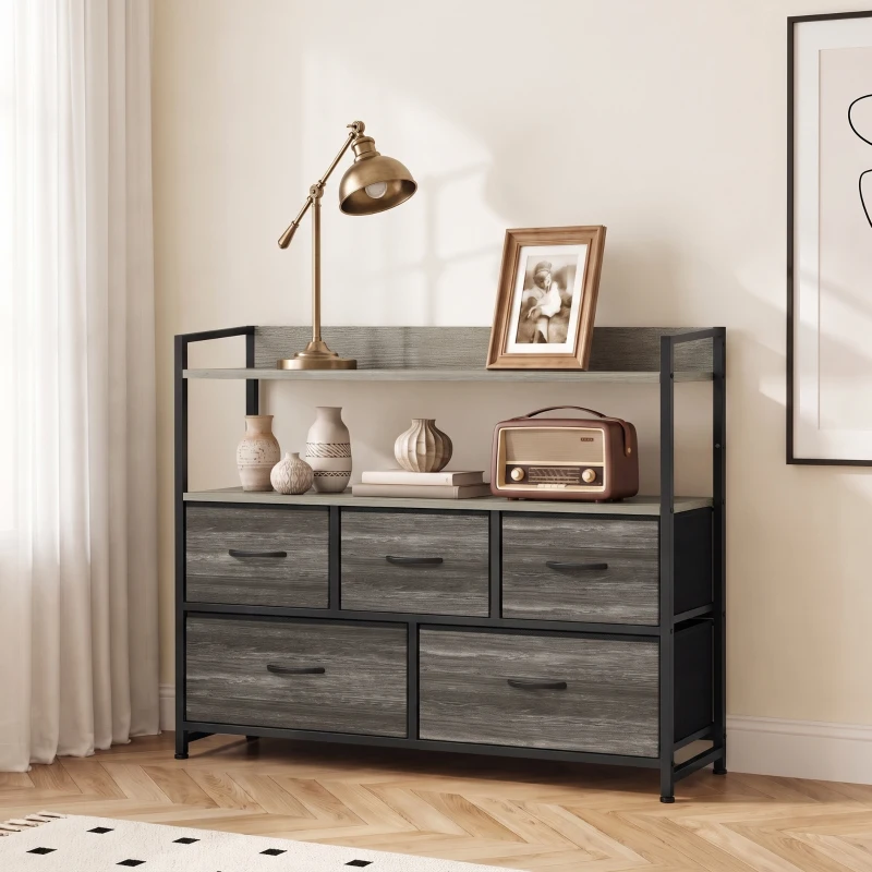 HOMCOM Cajonera de Tela Cómoda de Dormitorio con 5 Cajones y Estantes Estructura de Acero Estilo Industrial Gris