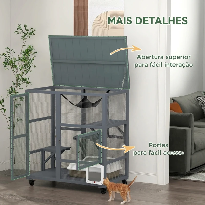 PawHut Gaiola Interior para Gatos em Madeira com Rodas, Portas, Plataformas de Salto, Rede e Topo Basculante, 110x100x60 cm, Cinzento