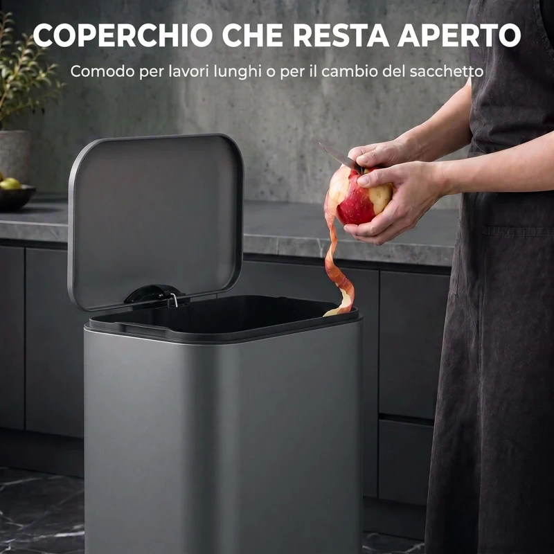 HOMCOM Pattumiera Rettangolare a Pedale 30L con Secchio Interno Rimovibile, Chiusura Ammortizzata e Manico, Grigio Scuro