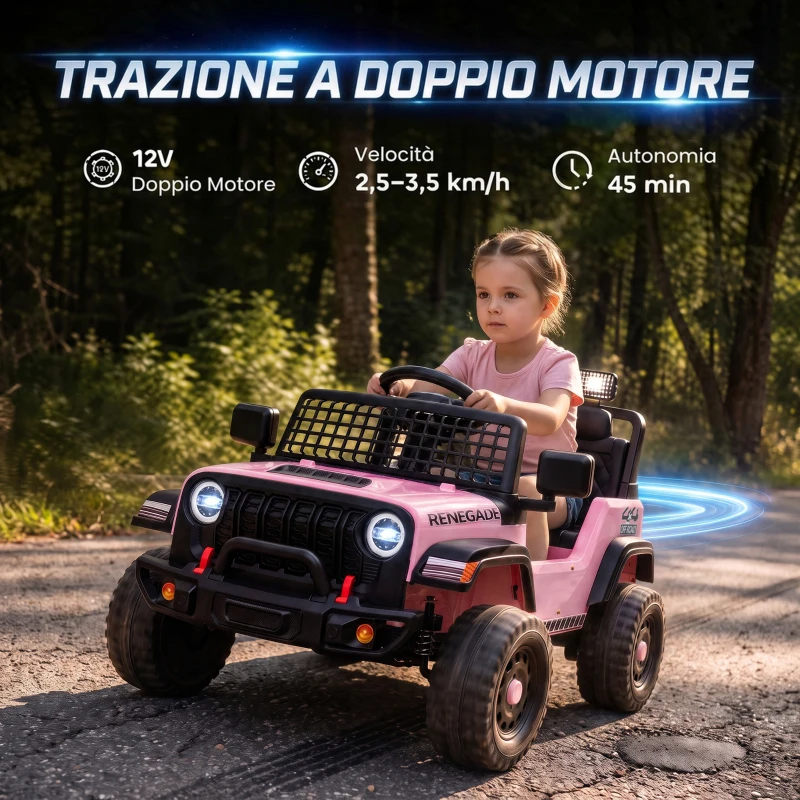 AIYAPLAY Fuoristrada Elettrica per Bambini 12V, Batteria al Litio, 2 Motori, Sospensioni, Telecomando, 2-4 Anni, Rosa